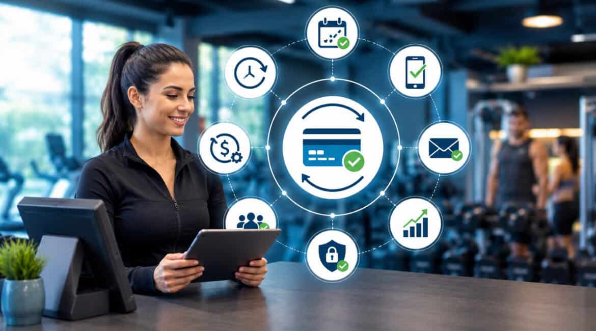 Automated gym payment processing with digital billing icons