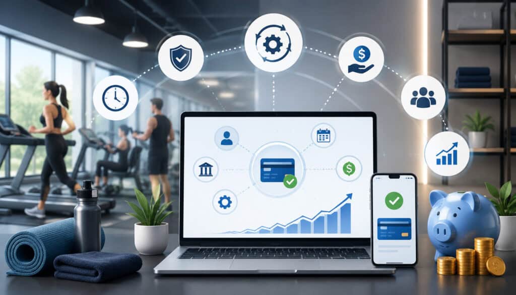 Fitness business payment automation illustration with digital payment and gym icons