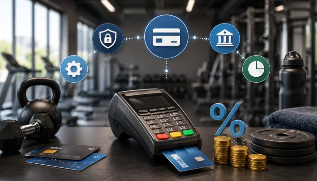 Gym credit card processing illustration with payment terminal, fitness equipment, financial icons, and transaction cost concept in a modern gym setting