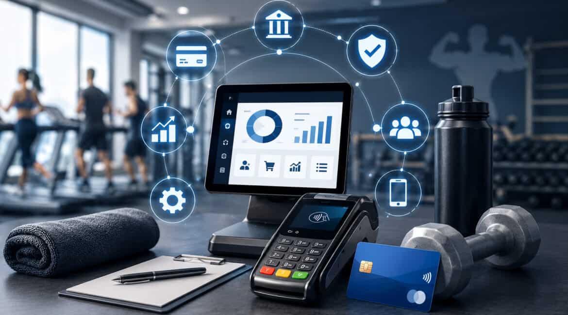 Merchant services and payment processing setup for fitness businesses in a modern gym