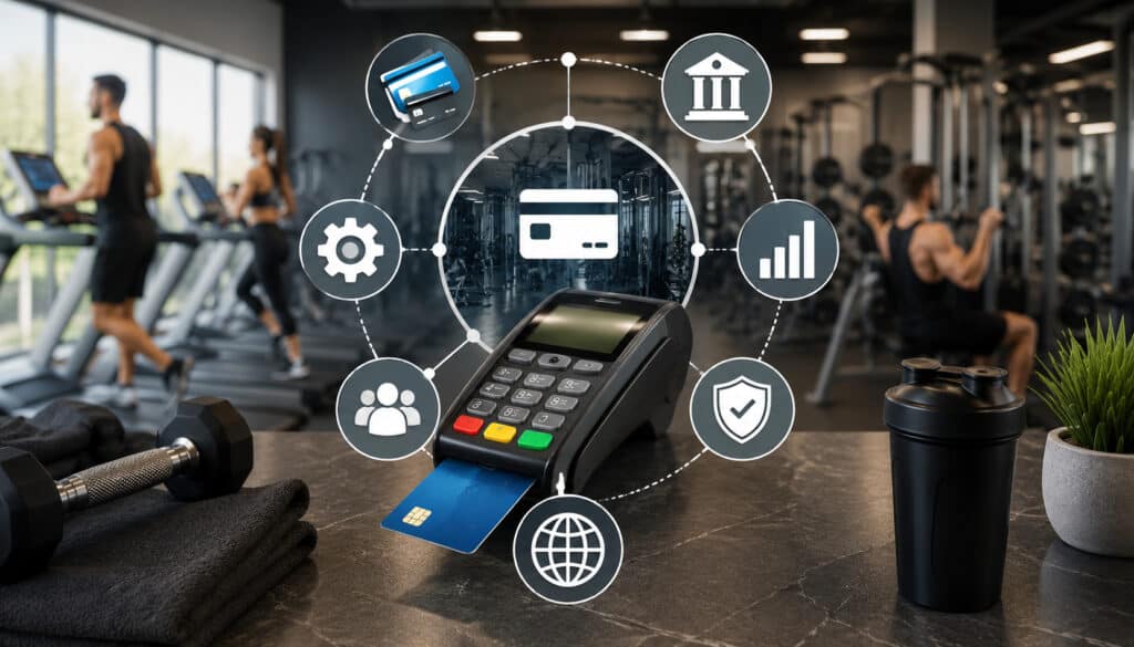 Gym POS payment processing illustration with fitness and finance icons