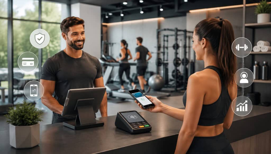 Fitness studio contactless payment system at gym reception