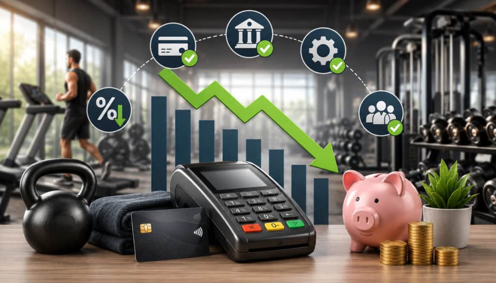 Modern gym payment processing illustration with POS terminal, credit card, declining transaction fee graph, fitness equipment, and savings icons in a contemporary fitness center setting