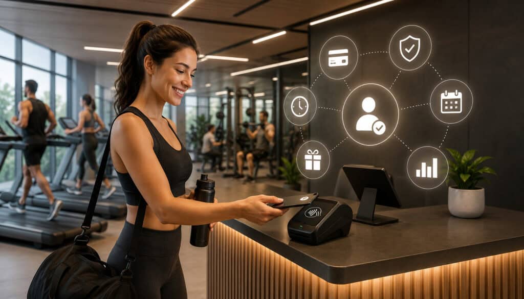 Gym member making contactless payment at fitness center reception