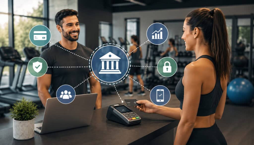 Fitness studio merchant account and secure card payment system
