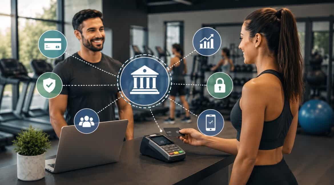 Fitness studio merchant account and secure card payment system