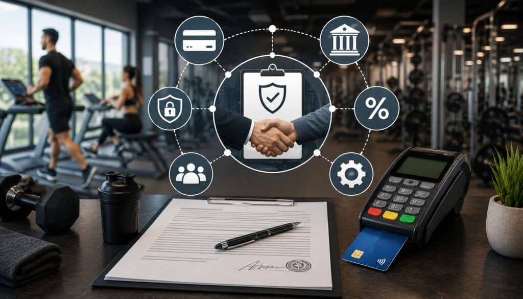Gym merchant services contract illustration with POS terminal and agreement icons