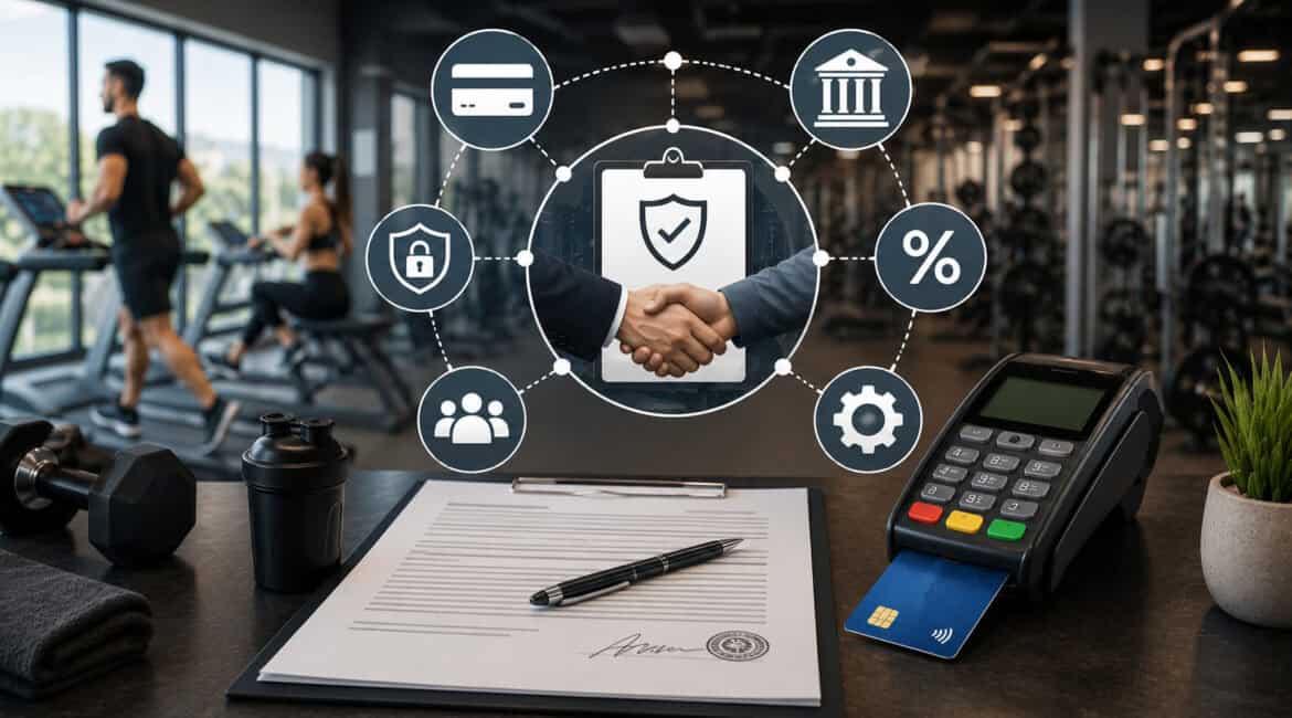 Gym merchant services contract illustration with POS terminal and agreement icons