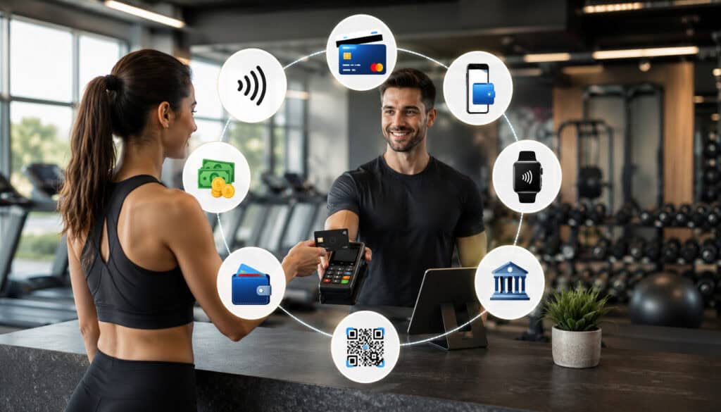 Gym customer using digital payment options at fitness center