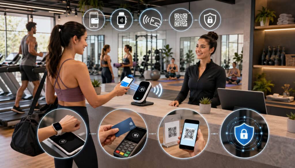 Mobile wallet payments at a fitness studio front desk