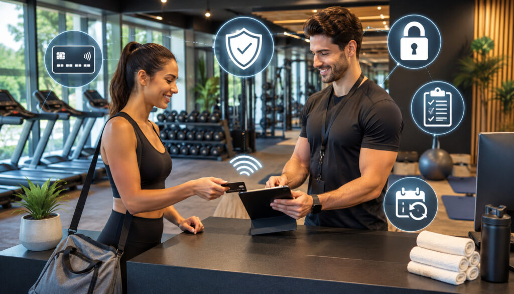 Secure gym credit card authorization process with payment icons