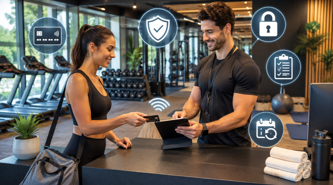 Secure gym credit card authorization process with payment icons