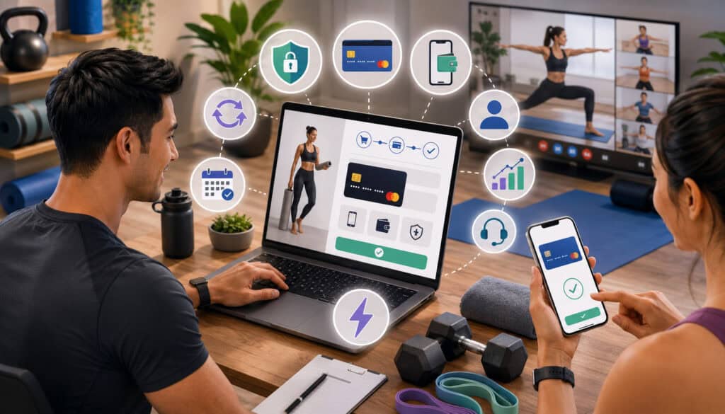 Online fitness checkout system features illustration