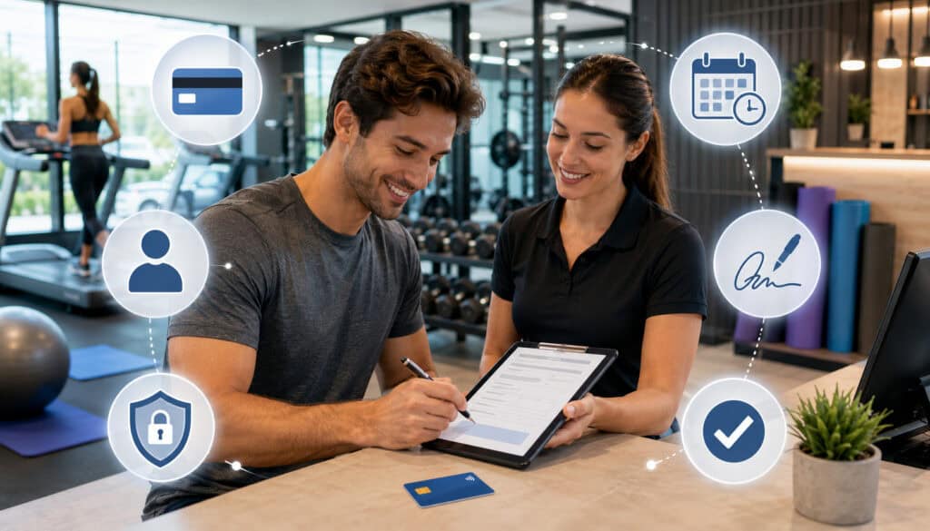 Gym member signing credit card authorization form