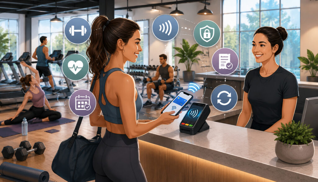 Mobile wallet payment at fitness studio checkout