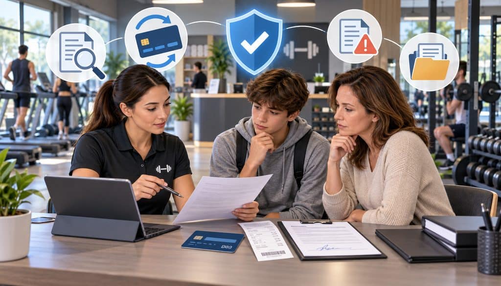 Gym staff reviewing a minor membership chargeback with a parent and teen