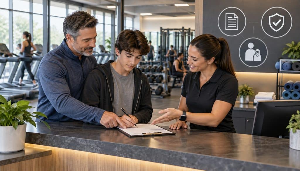Teen gym member reviewing a contract with parent and staff
