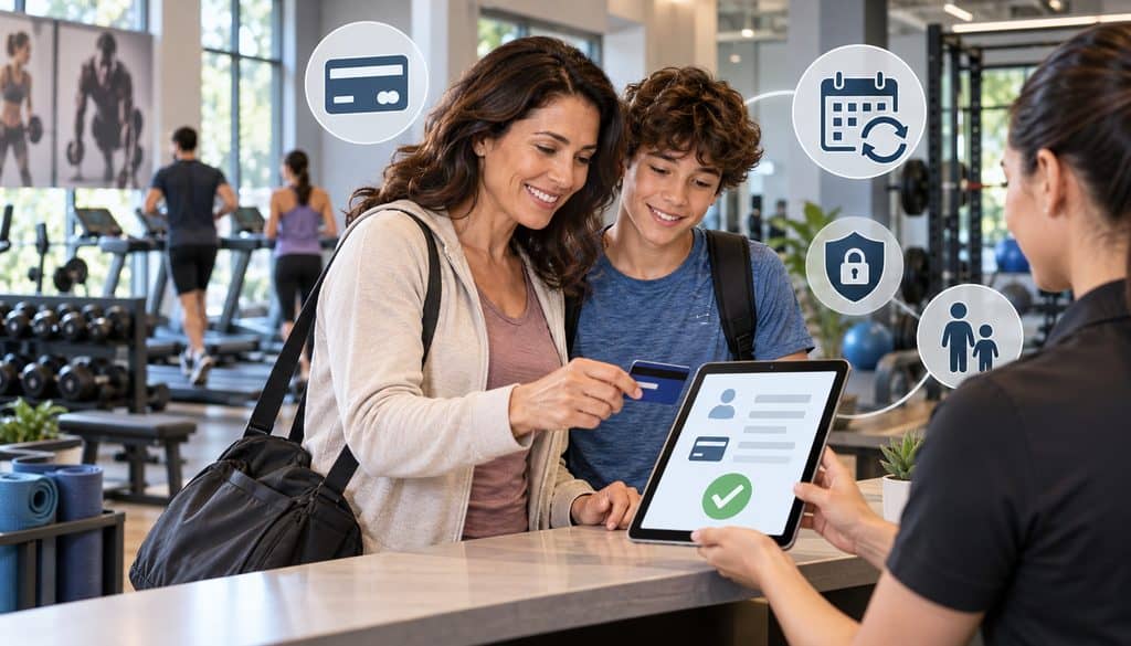 Parent authorizing recurring gym dues for a teen member at the fitness center